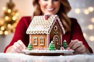 AI Generated girl in a red sweater decorates a gingerbread house with icing, cream and sweets while sitting at the table. Confectionery, gingerbread house day, christmas, new year photo