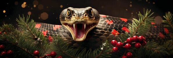 AI Generated Open-mouthed snake on New Year's Eve background with copy space and bokeh effect photo