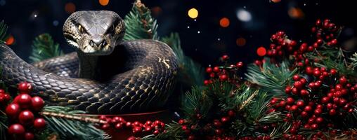 AI Generated Branches with rowan trees on New Year background with snake as a symbol of the year 2025. Banner with space for text and advertising photo