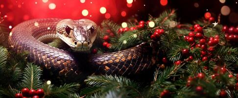 ai generado nuevo año tarjeta con serpiente rodeado por ramas con rojo bayas. gratis espacio para texto foto