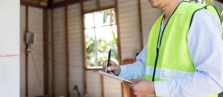 el inspector o ingeniero está inspeccionando la construcción y el aseguramiento de la calidad de la nueva casa usando una lista de verificación. ingenieros o arquitectos o contratistas trabajan para construir la casa antes de entregársela al propietario foto