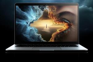 AI generated Sleek Photo of open laptop screen on black surface. Generate ai