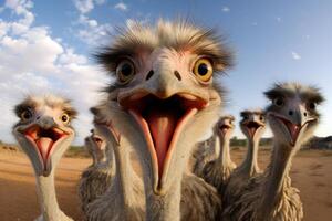 ai generado extraordinario avestruz selfie gracioso cabeza. generar ai foto