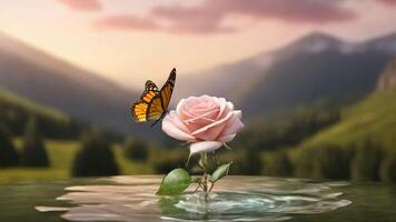 ai generiert schön Rose Blumen mit Schmetterlinge fliegend auf Sie video