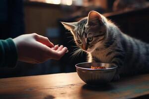 AI generated Caring Owner feeding cute cat at home. Generate Ai photo