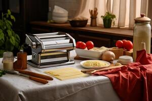 AI generated Efficient Pasta maker with dough and products. Generate Ai photo