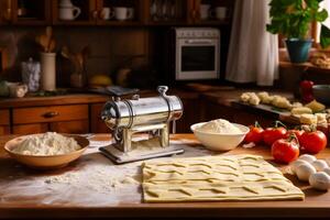 AI generated Innovative Pasta maker with dough and products. Generate Ai photo