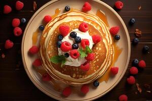 AI generated Satisfying Pancakes with top berry. Generate Ai photo