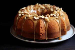 ai generado pegajoso bundt pastel cubierto con derritiendo maní. generar ai foto