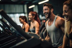 AI generated Friends laughing gym training. Generate Ai photo