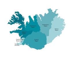 Vector isolated illustration of simplified administrative map of Iceland. Borders and names of the regions. Colorful blue khaki silhouettes