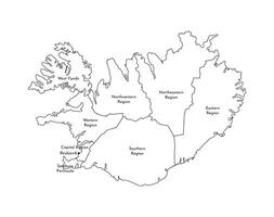 Vector isolated illustration of simplified administrative map of Iceland. Borders and names of the regions. Black line silhouettes.