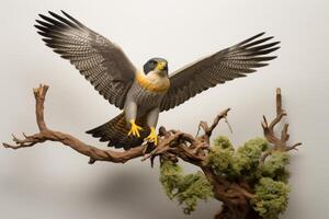 ai generado vigilante halcón peregrino halcón sentado en árbol rama. generar ai foto