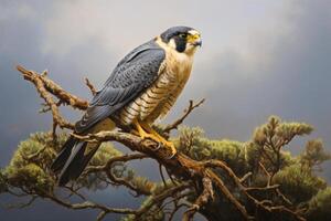AI generated Peregrine falcon sitting on tree branch. Generate ai photo