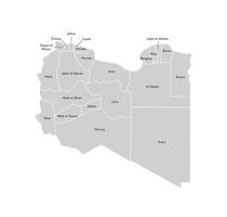 Vector isolated illustration of simplified administrative map of Libya. Borders and names of the districts, regions. Grey silhouettes. White outline