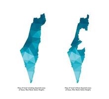 Vector isolated illustration icons with simplified blue silhouettes of Israel map including and without disputed area of Gaza, West Bank, Golan Heights. Polygonal geometric style, triangular shapes