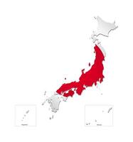 Vector isolated illustration with japanese national flag known as Hinomaru or circle of the sun with shape of Japan map simplified. Volume shadow on the map. White background.