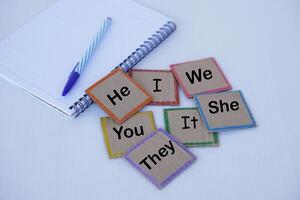 Square paper cards with pronouns word He She It  I You We They. Paper notebook and pen. Concept, Education. Teaching Grammar, subject pronouns vocabulary for teaching English. photo