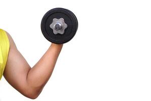 Close up hand lift dumbbell isolated on white background. Concept, sport equipment. Exercise for health bodybuilding. Strengthen muscle. Weight lifting. Healthy lifestyle photo