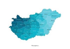 Vector isolated illustration. Simplified administrative map of Hungary in blue colors. Names of hungarian cities and counties . White background