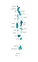 Vector isolated illustration of simplified administrative map of Maldives with names of the atolls. Colorful blue khaki silhouettes.