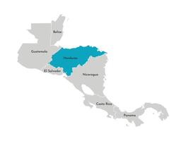 Vector illustration with simplified map of Central America region with blue contour of Honduras. Grey silhouettes, white outline of states' border.