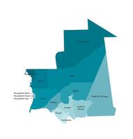 Vector isolated illustration of simplified administrative map of Mauritania. Borders and names of the regions. Colorful blue khaki silhouettes