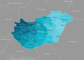 Vector modern illustration. Simplified administrative map of Hungary in blue and borders with neighboring countries. Names of hungarian cities and counties