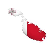 Vector isolated illustration with Malta national flag with shape of Maltese map simplified. Volume shadow on the map. White background