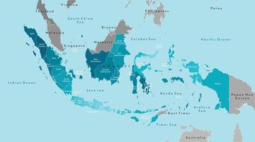 Vector modern illustration. Simplified geographical map of Indonesia and neighboring countries. Blue background of Indians ocean and seas. Names of Indonesian provinces