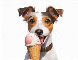 AI generated Generative Ai cute terrier is licking ice cream on gradient background with copy-space photo