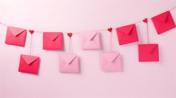 AI generated Craft envelopes and heart hanging from string. Romantic love letters photo