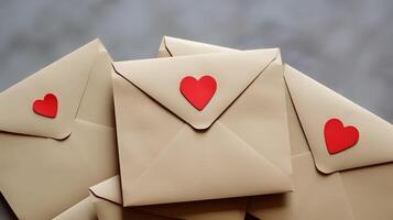 AI generated Craft envelopes with red heart. Romantic love letters photo