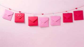 AI generated Craft envelopes and heart hanging from string. Romantic love letters photo