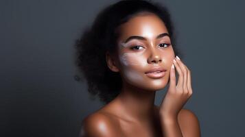 ai generado africano mujer utilizando protección de la piel producto. tomando cara crema a aplicar en facial piel foto