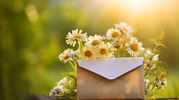 AI generated Envelope and beautiful daisy flowers on green grasses photo