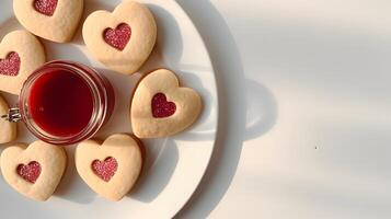 AI generated Heart shaped jam and jelly filled cookies. Romance and love food concept. photo