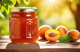 AI generated a jar of apricot jam on a wooden table, an apricot plantation, an apricot garden, ripe apricots hanging on a branch of an apricot tree, organic farming photo