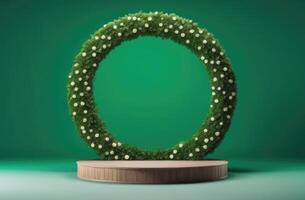 AI generated a round arch of green plants and flowers, an empty round wooden podium, a platform for displaying cosmetics and perfumes, a scene template for advertising, a green background photo