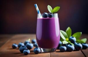 AI generated Healthy blueberry smoothie, detoxifying berry smoothie, diet smoothie for weight loss, healthy eating and nutrition, organic products, mint leaves photo