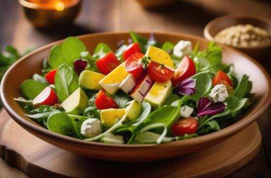 AI generated green vegetable salad with herbs, gourmet haute cuisine, vegetarian cuisine, vegan haute cuisine, beautiful restaurant serving, Diet menu, organic leafy salad photo