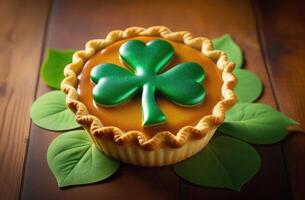 AI generated St. Patrick's Day, national Irish cuisine, traditional Irish pastries, Sweet pie decorated with green shamrock, green icing sugar photo