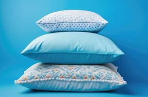 AI generated World Sleep Day, stack of white pillows, bed linen, blue background photo