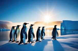 ai generado mundo pingüino día, un rebaño de adulto pingüinos en un hielo témpano de hielo, el Reino de hielo y nieve, el lejos norte, un Nevado costa, un iceberg en el océano, un escarchado soleado día foto