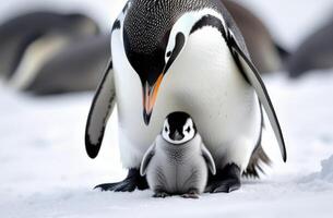 ai generado de la madre día, mundo pingüino día, adulto pingüino y pequeño pingüino, Reino de hielo y nieve, lejos norte, Nevado costa, iceberg en el océano, escarchado soleado día, madre y niño foto