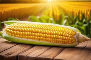 AI generated ripe corn cob on a wooden table, harvesting, cornfield, vegetable garden in the background, healthy food and organic farming, sunny day photo