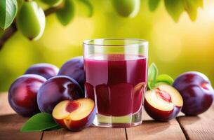 ai generado un vaso de ciruela jugo en un de madera mesa, Fruta beber, ciruela plantaciones, ciruela huerta a el horizonte, ramas de un ciruela árbol, soleado día foto