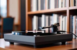 AI generated world Music Day, World Rock-n-roll Day, old vinyl records, vinyl player on the table, home library on a blurred background, bookshelves photo