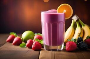 AI generated detoxifying berry smoothie, Healthy berry and fruit smoothies, diet smoothies for weight loss, organic products, healthy eating and nutrition, assorted fruits and berries photo