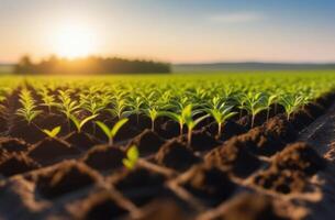 AI generated Arbor Day, plantation of young plants, field to the horizon, a young tree grows from the soil, planting plants, contour light, sunny day photo